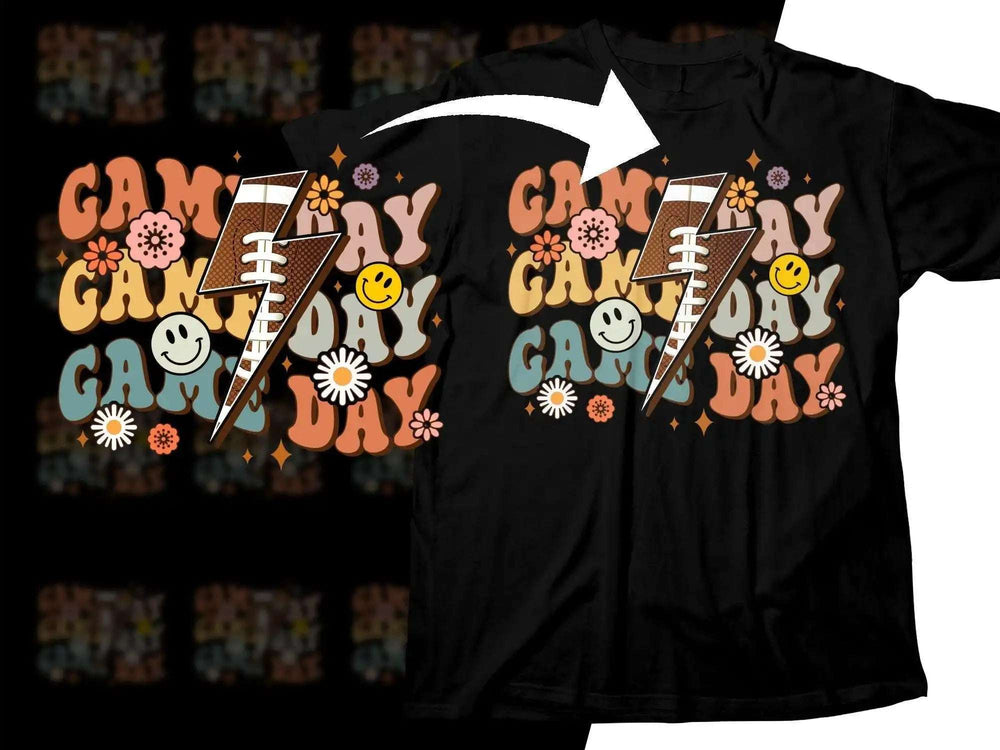Game Day t-shirt design with football lightning bolt, smiley faces, and flowers for DTF/DTG printing