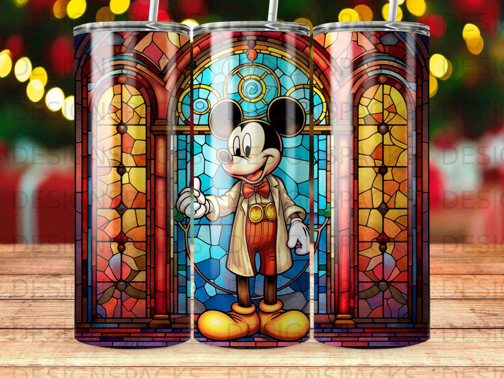 Mickey Mouse gives thumbs up in stained glass window design on a tumbler.
