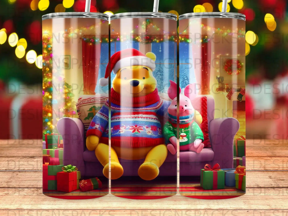 Winnie the Pooh and Piglet wear holiday sweaters, sitting by a decorated Christmas tree.