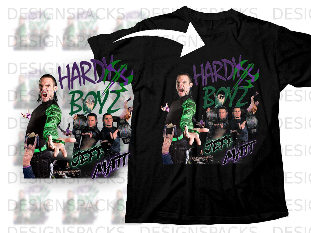 Black t-shirt with "Hardy Boyz" and Jeff and Matt Hardy graphics.