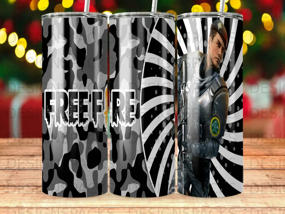Free Fire camouflage tumbler with character illustration.