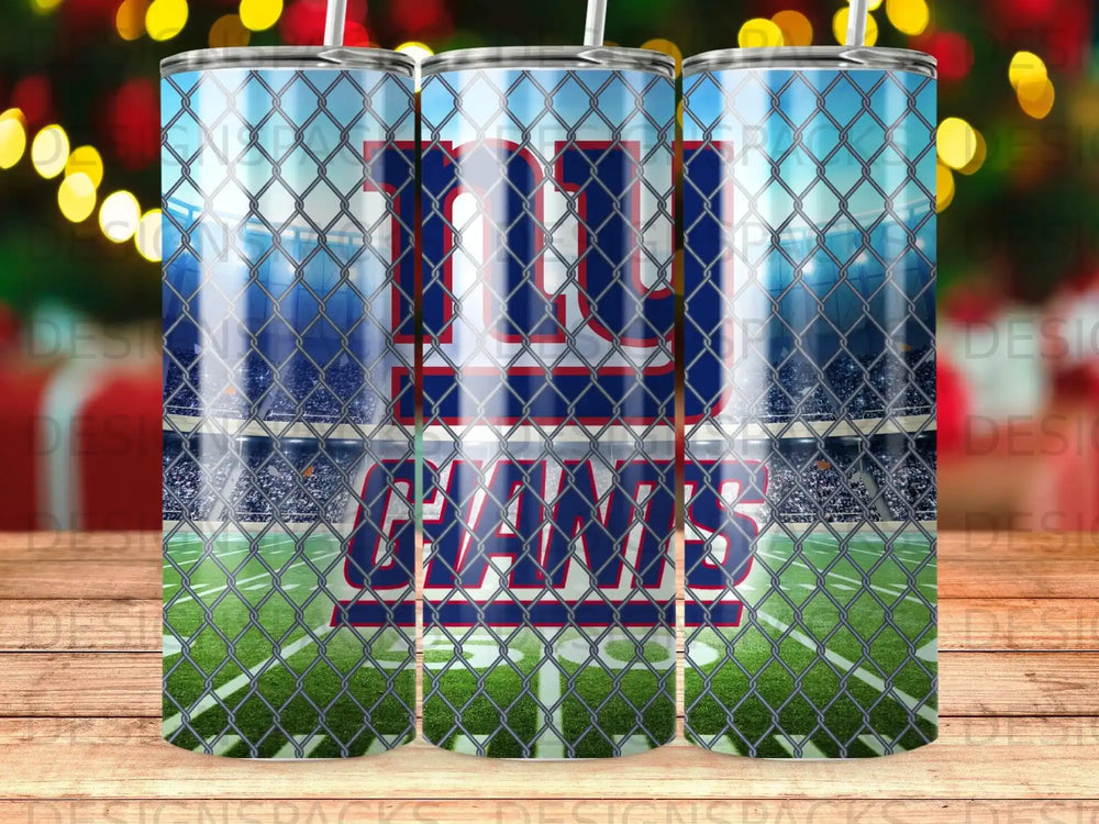 New York Giants logo on a stadium background with a chain-link fence overlay.
