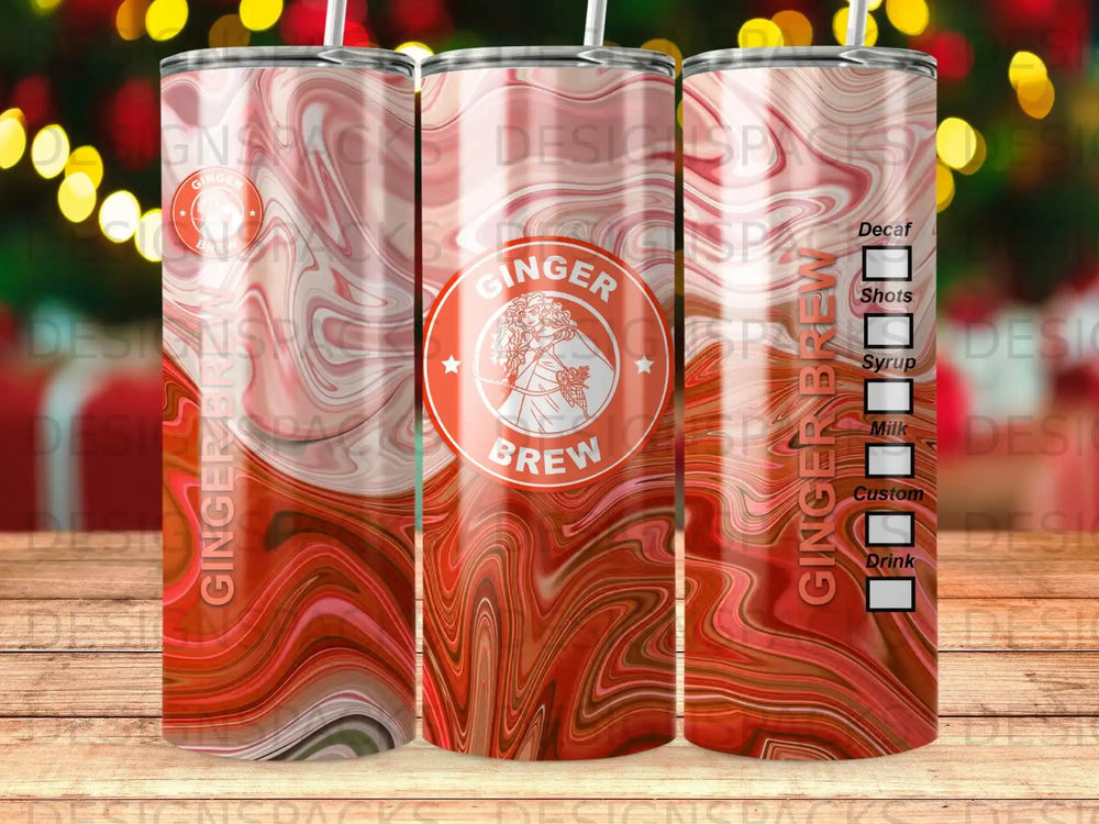GINGER BREW tumbler with marbling and text labels for drink options.