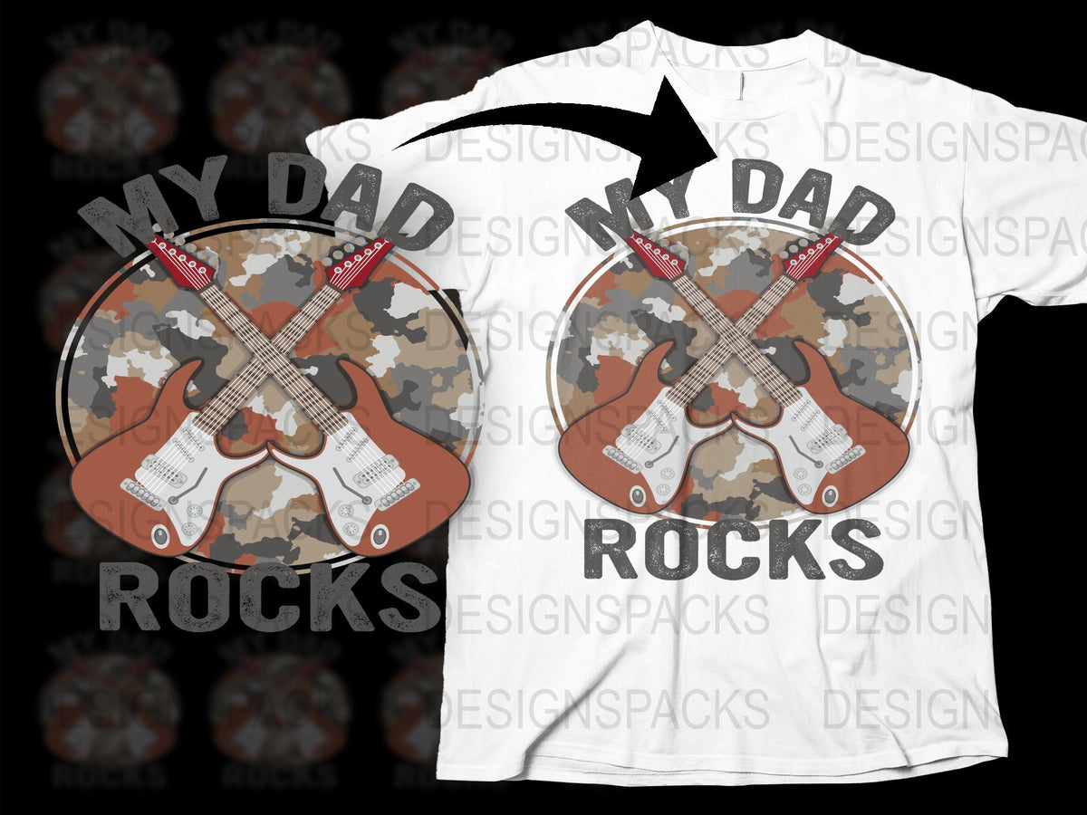 My Dad Rocks T-Shirt, Camouflage Guitar Design, Father's Day Gift Tee, Music Lover Dad Shirt