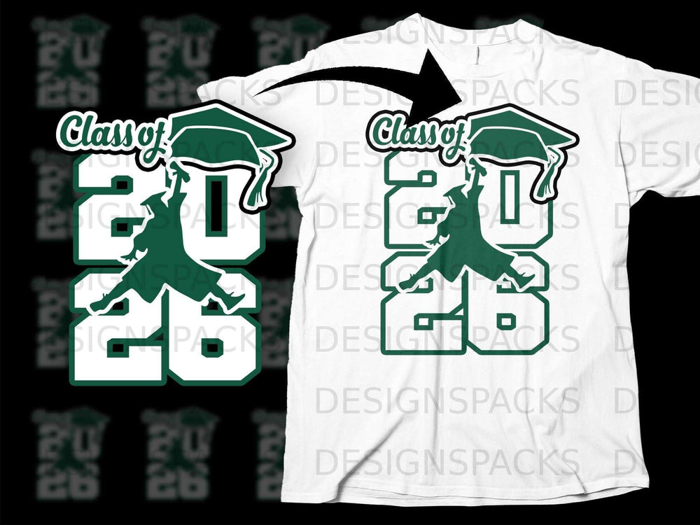 Green "Class of 2026" text with graduation cap and figure on a white t-shirt.