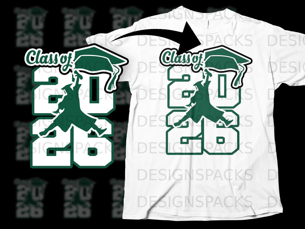 Green "Class of 2026" text with graduation cap and figure on a white t-shirt.