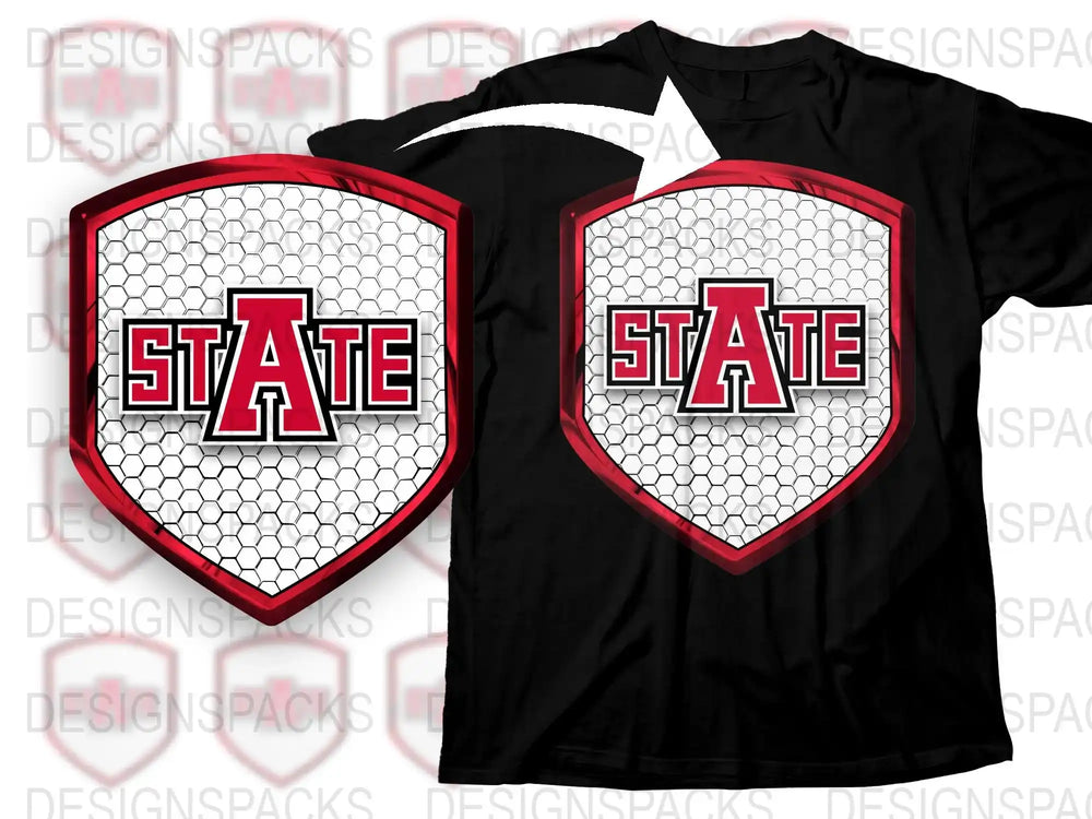 State Team Logo T-Shirt, Custom Sports Fan Apparel, Black Red College Shirt