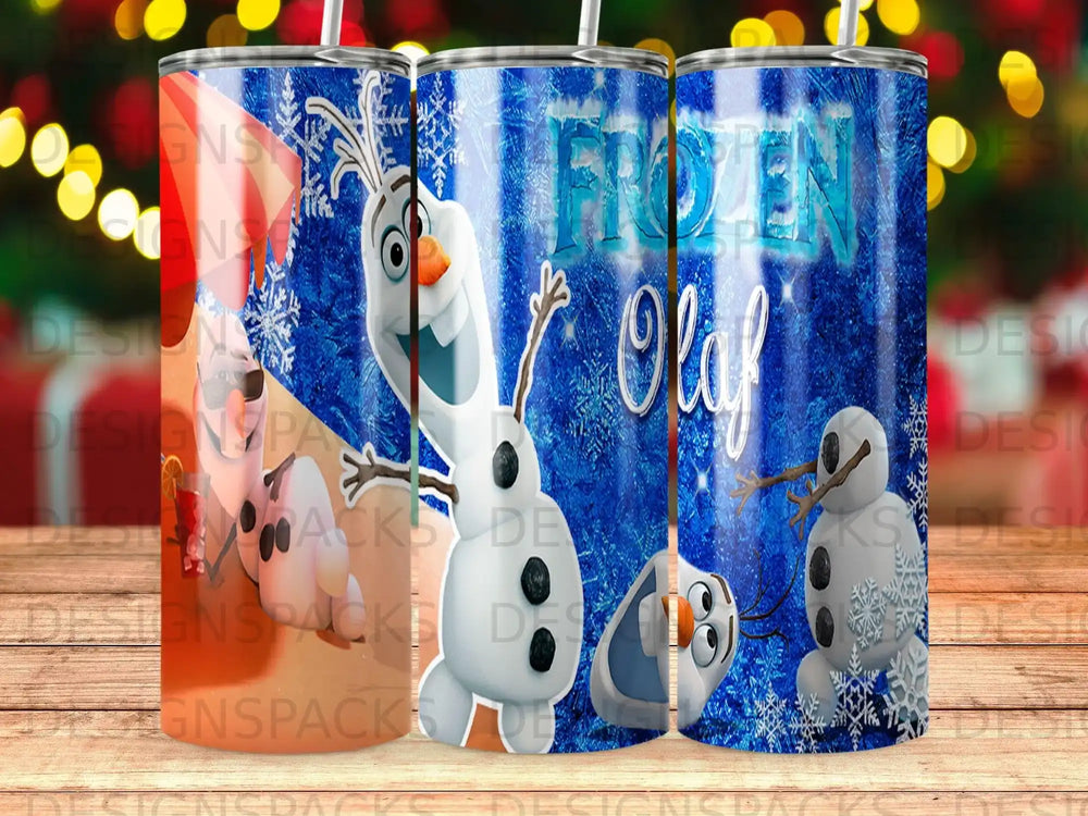 Olaf from Frozen with snowflakes on blue tumblers.