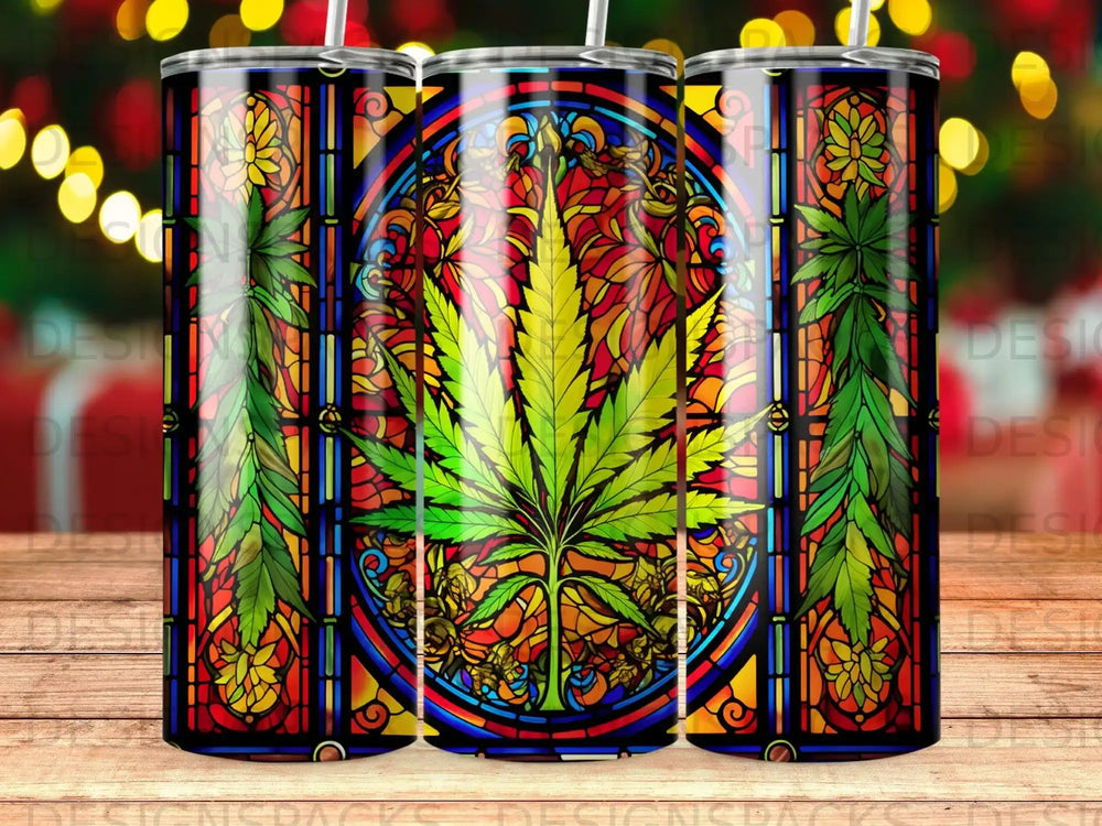 Stained glass cannabis leaf pattern on a tumbler.