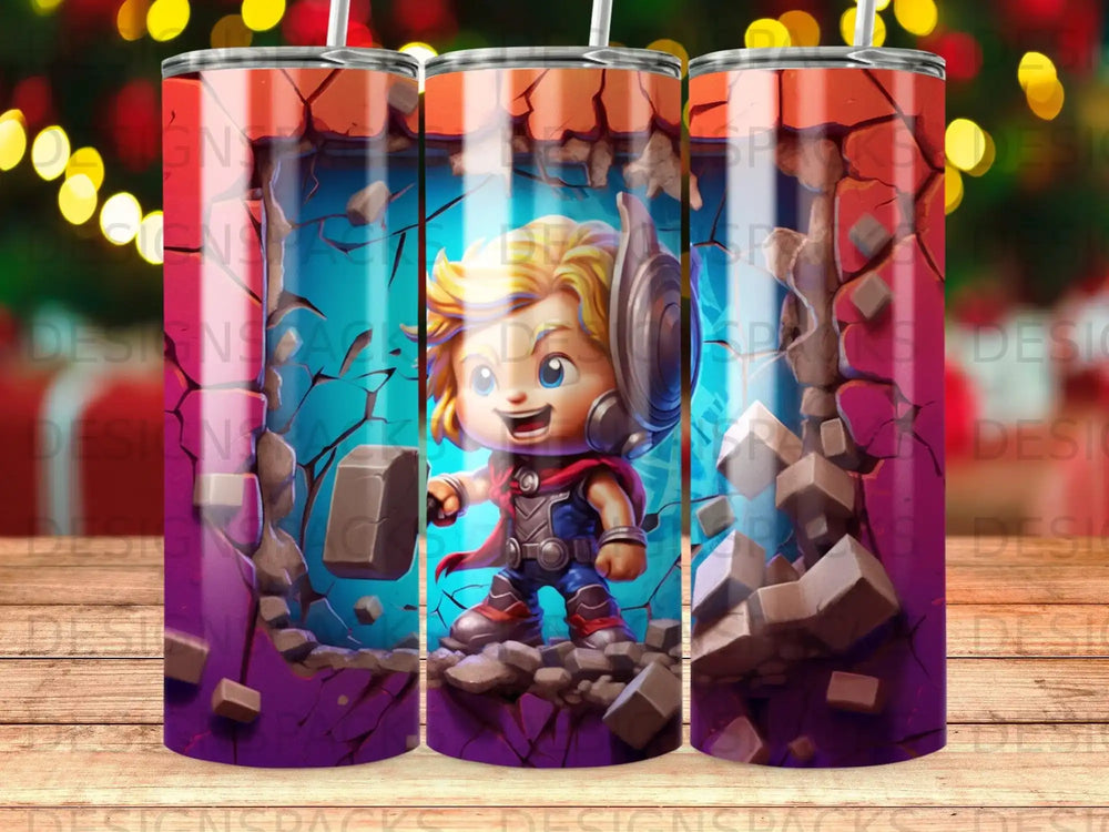 Cartoon Thor with hammer emerging from cracked ground.