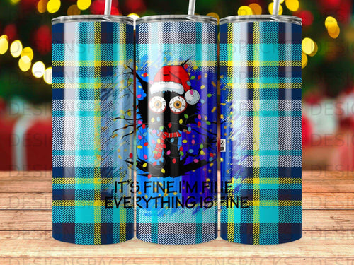 Blue plaid tumbler with black cat wearing Santa hat, Christmas lights, and 