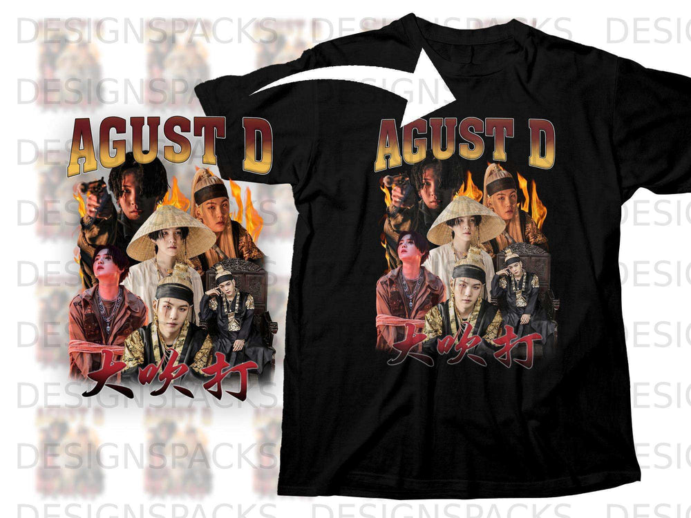 Agust D t-shirt with group photo and Korean text "喷吹打".