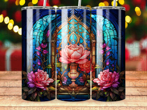 Stained glass window with pink roses and glowing lights.