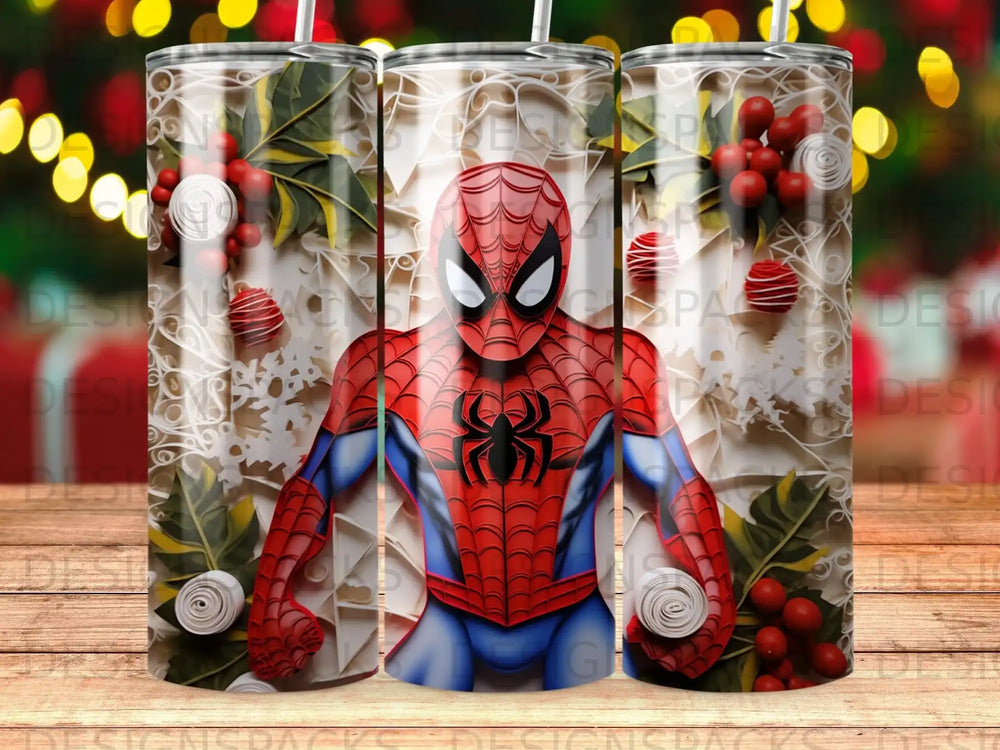 Spider-Man character on a tumbler with a festive, holiday-themed background.