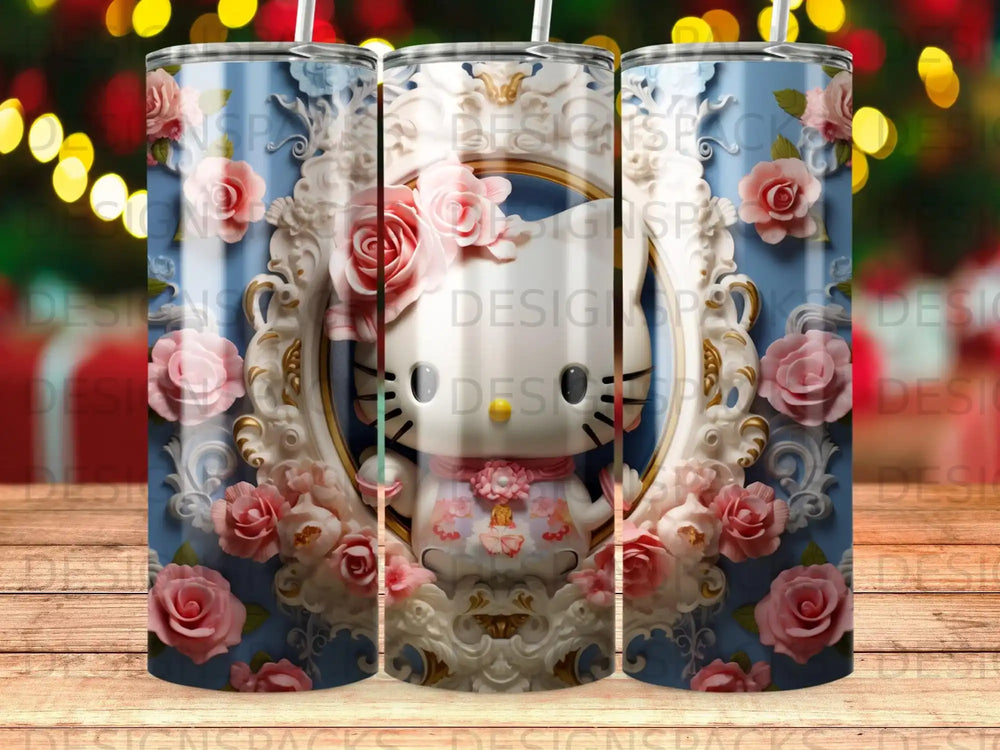 Hello Kitty surrounded by pink roses and ornate frame.