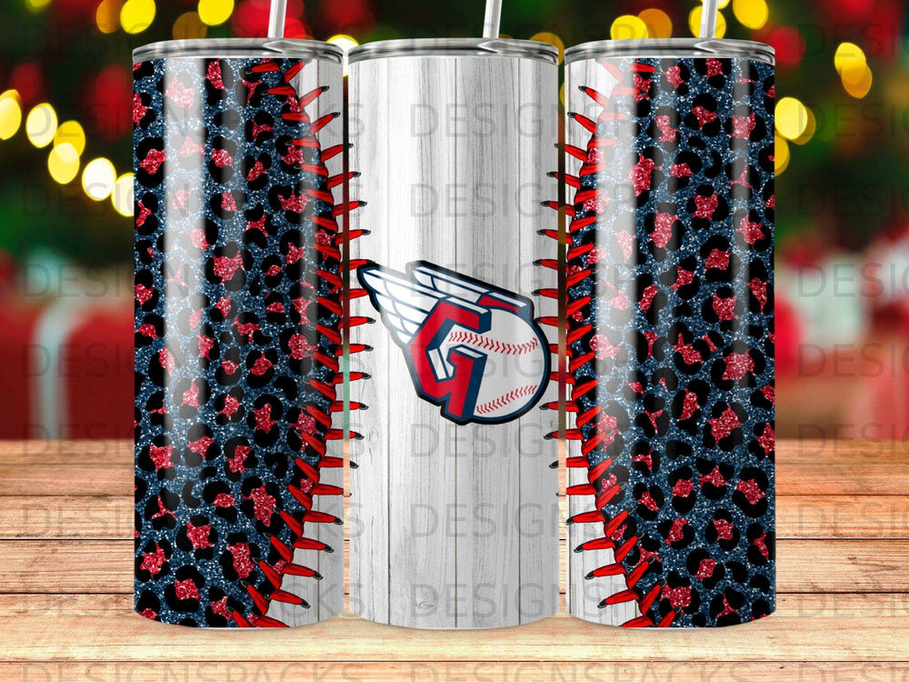 Baseball tumbler with leopard print and red stitching accents.