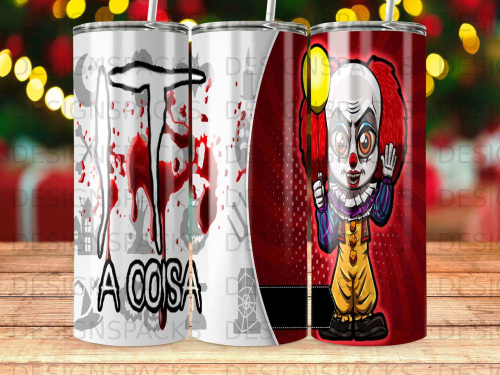 Creepy clown holding a yellow balloon on a tumbler with bloody "It A Cosa" text.