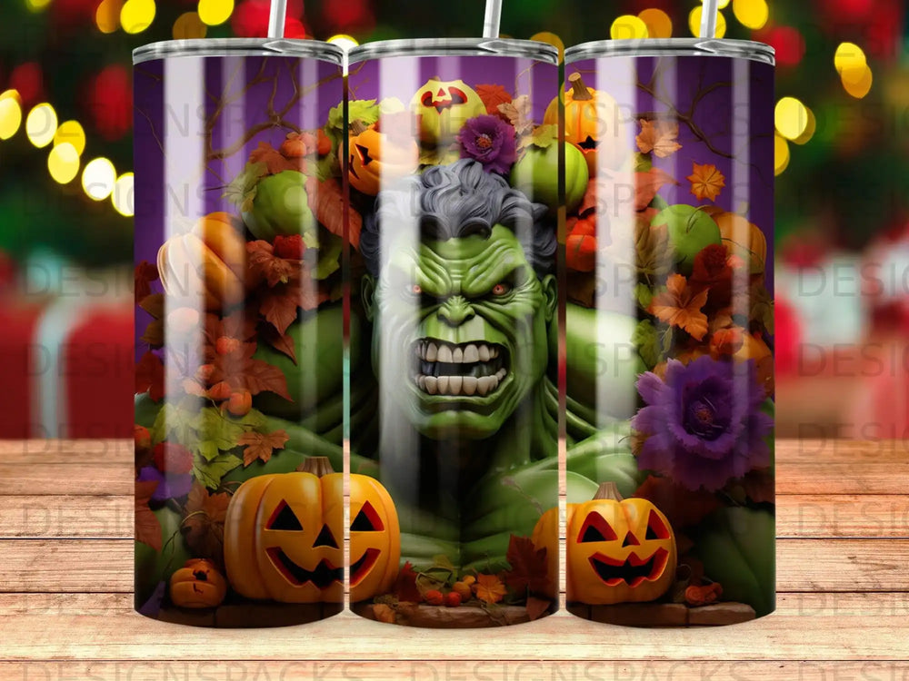 Hulk with pumpkins and autumn foliage.