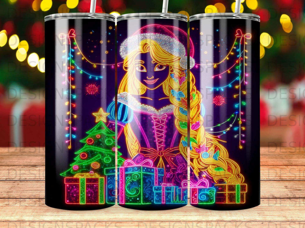 Rapunzel in Santa hat with Christmas tree and presents, surrounded by neon lights.