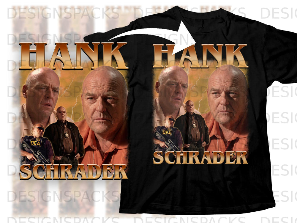 T-shirt graphic featuring Hank Schrader from Breaking Bad, with text "HANK SCHRADER".