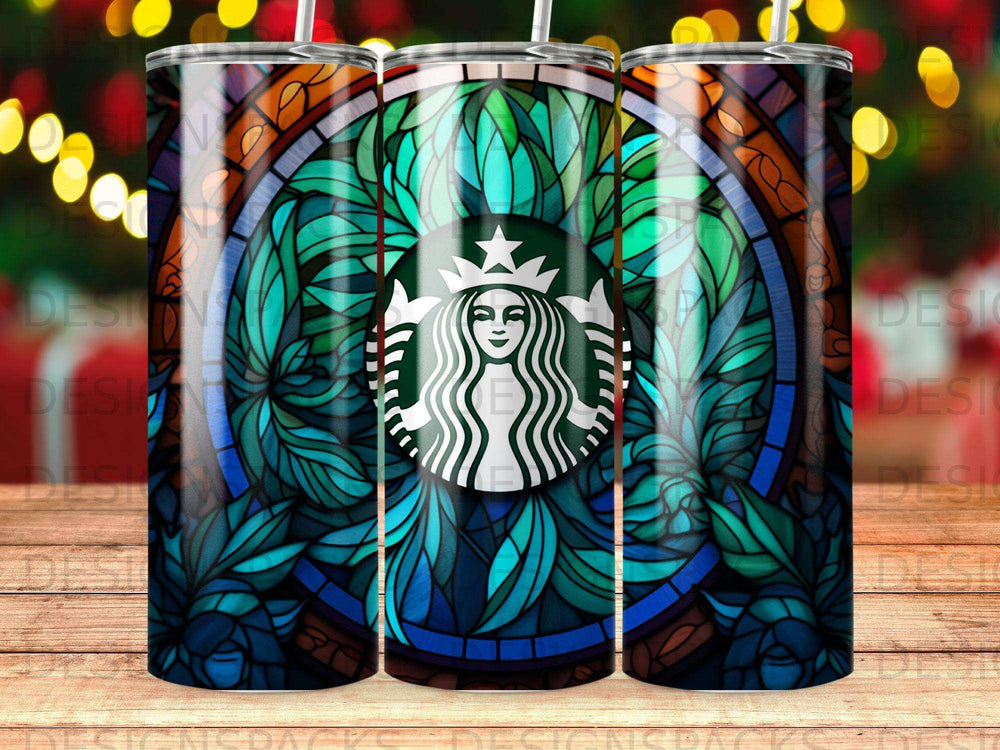 Starbucks logo on a stained glass patterned tumbler.