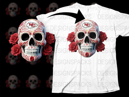 Sugar Skull T-Shirt, Floral Day of the Dead Tee, Red White Gothic Roses, Unisex Skull Graphic Shirt