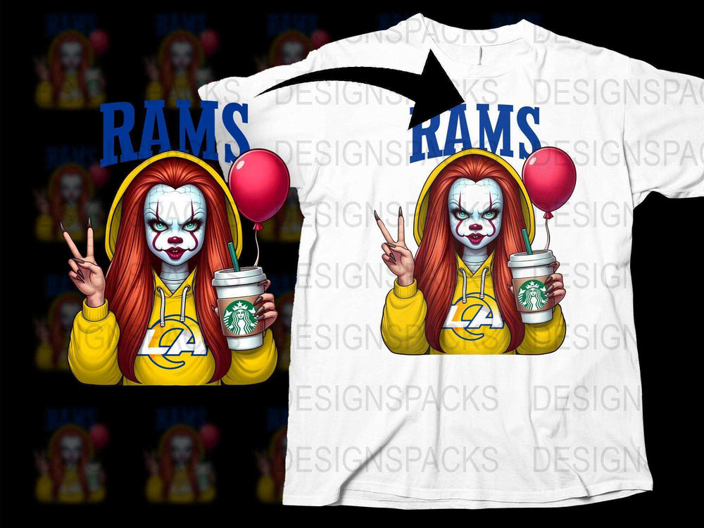 Horror Clown Graphic T-Shirt, LA Rams Fan Art, Unique Scary Clown with Coffee, Unisex White Tee