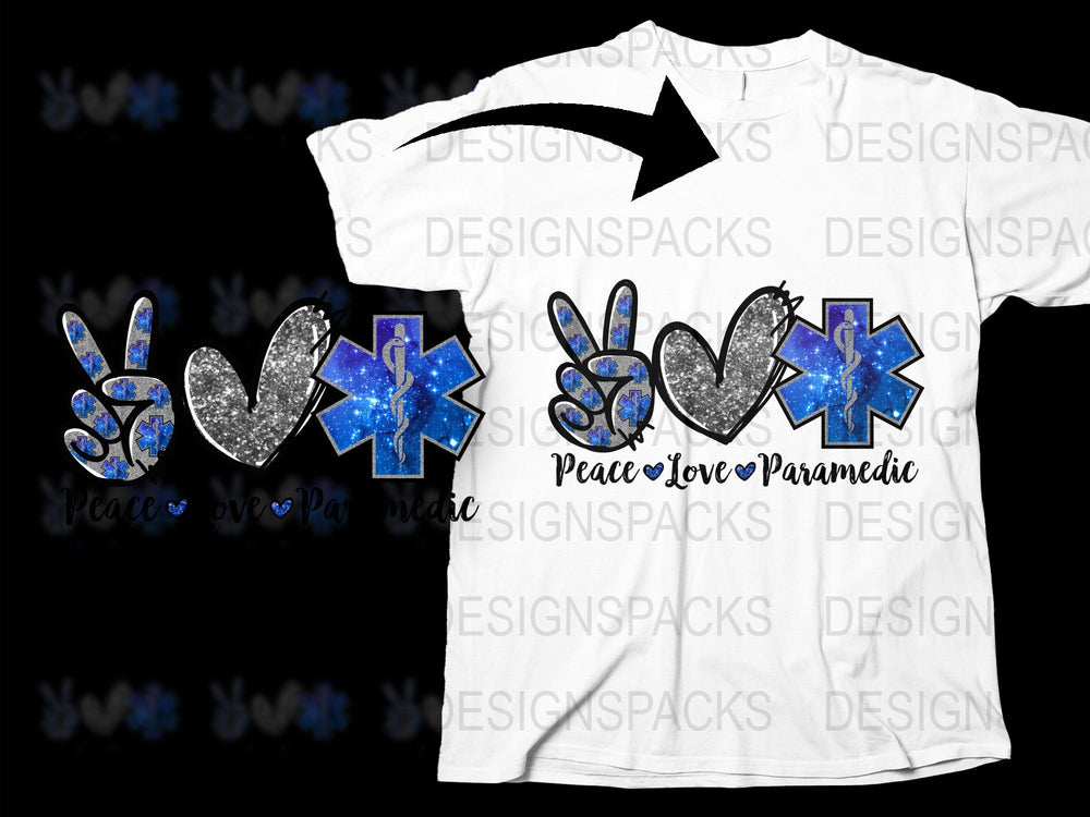 Peace Love Paramedic T-Shirt, Blue Silver Glitter Graphic Tee, Emergency Medical Gift