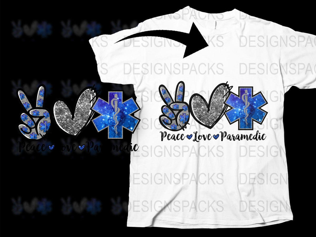 Peace Love Paramedic T-Shirt, Blue Silver Glitter Graphic Tee, Emergency Medical Gift