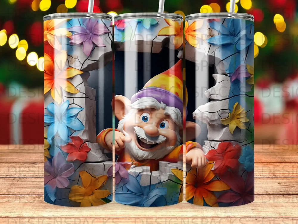 Gnome in a stone archway surrounded by colorful flowers.