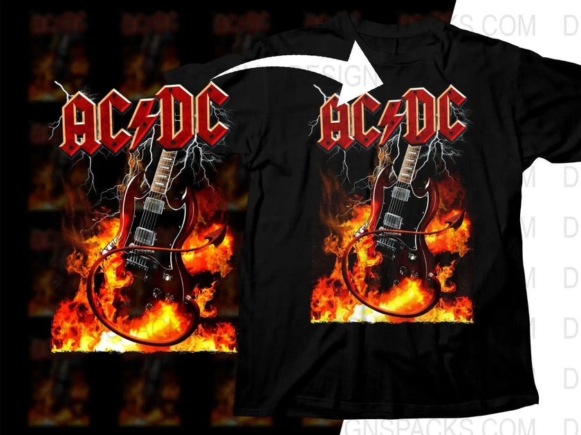 AC/DC Electric Guitar and Flames Rock Music Png Halftone Digital Downl