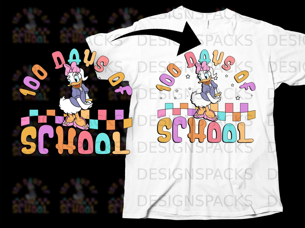Daisy Duck with "100 Days of School" text and checkered pattern.