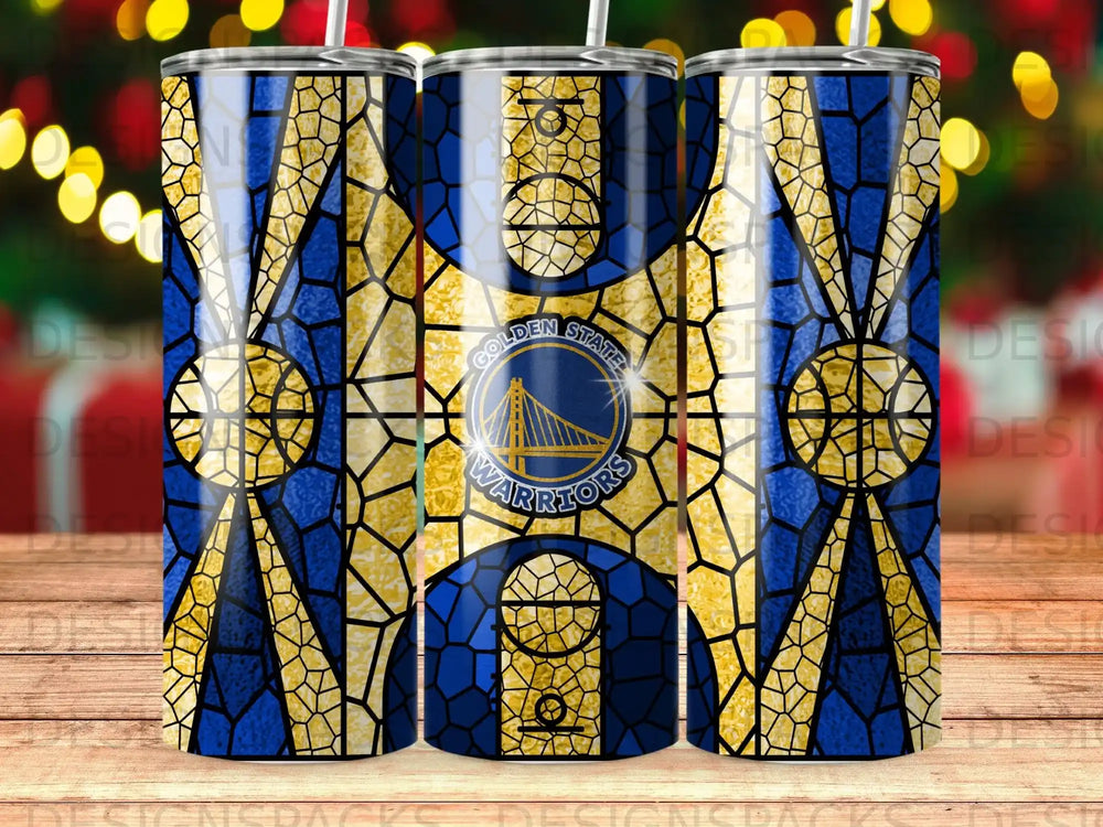 Golden State Warriors stained glass pattern tumbler with logo.