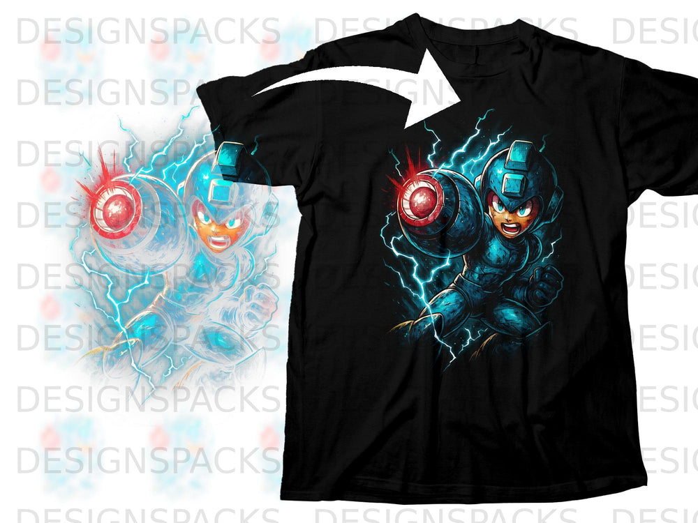 Black t-shirt with a graphic of Mega Man with blue lightning effects.