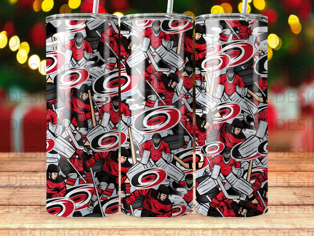 Ice hockey players and equipment pattern on three tumblers.
