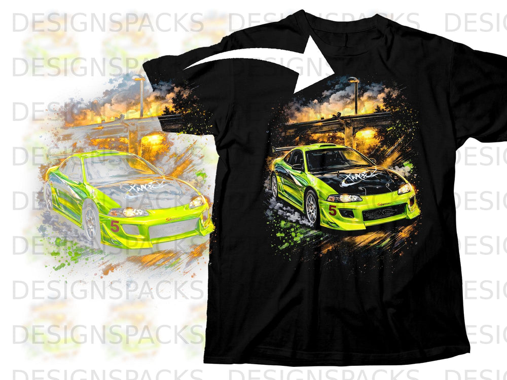 Black t-shirt with graphic of a neon green race car and abstract paint splatters.