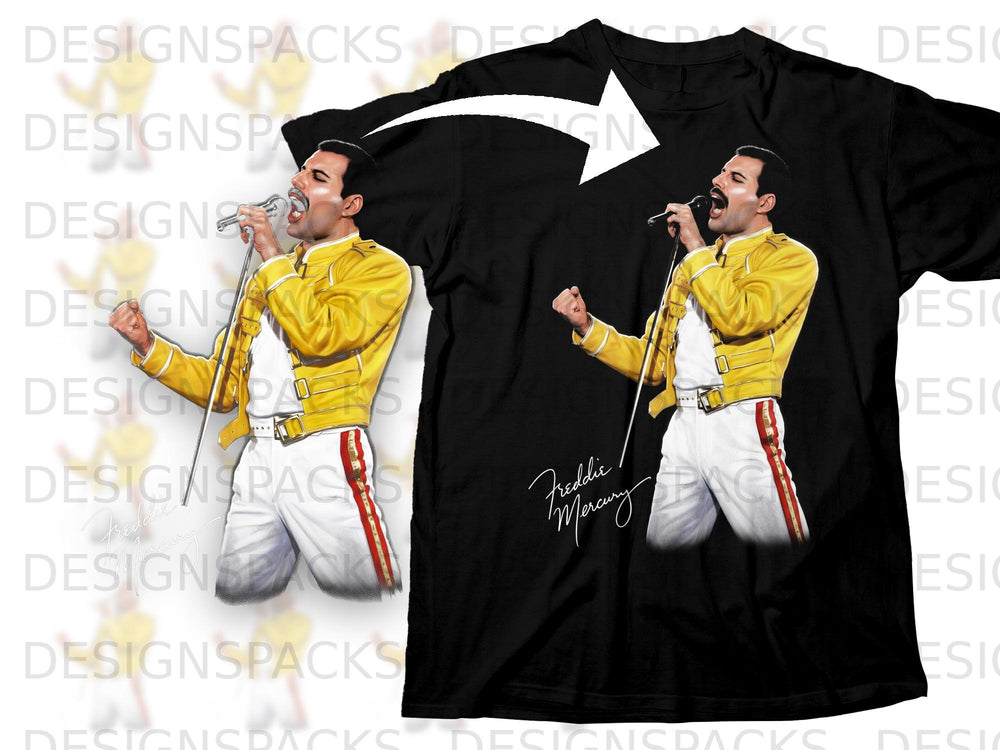 Black t-shirt with graphic of Freddie Mercury in yellow jacket and white pants.