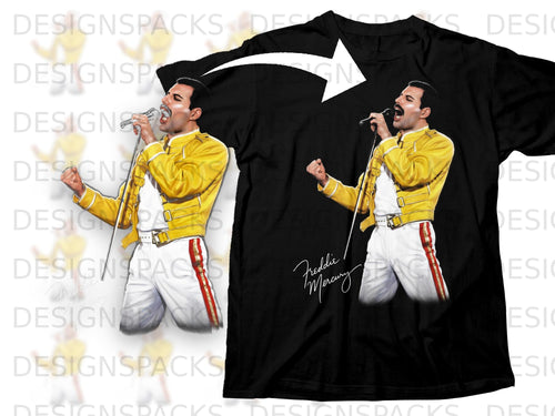 Black t-shirt with graphic of Freddie Mercury in yellow jacket and white pants.