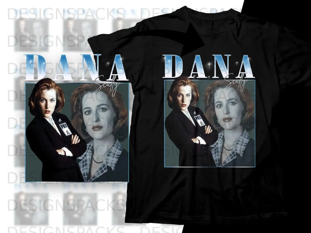 Dana Scully from The X-Files on a black t-shirt.
