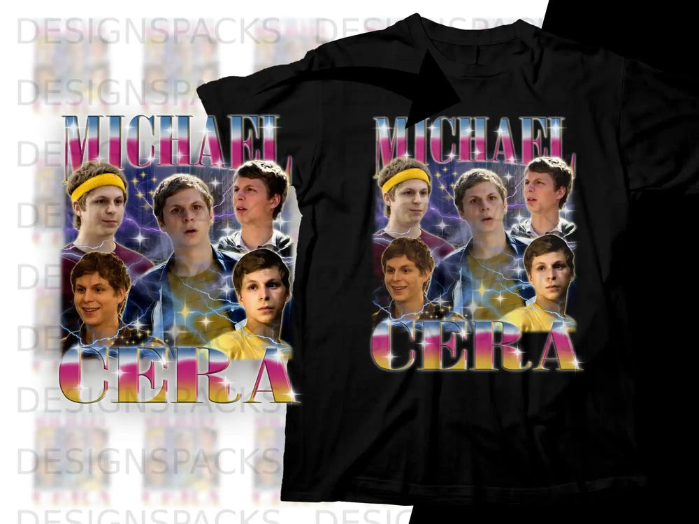 Collage of Michael Cera wearing a headband with "MICHAEL CERA" text.