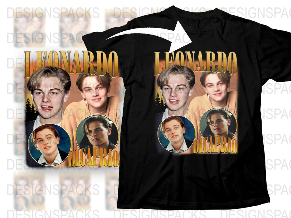 Leonardo DiCaprio Vintage 90s Style Graphic T-Shirt, Unisex Black Cotton Tee, Retro Celebrity Fashion, Movie Star Portrait Shirt