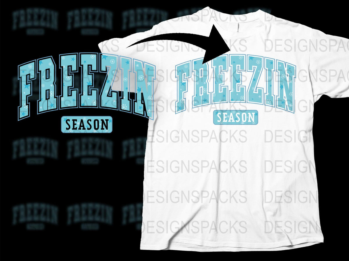 Freezin Season T-Shirt, Cool Ice Text Graphic Tee, Winter Fashion, Unisex White Shirt