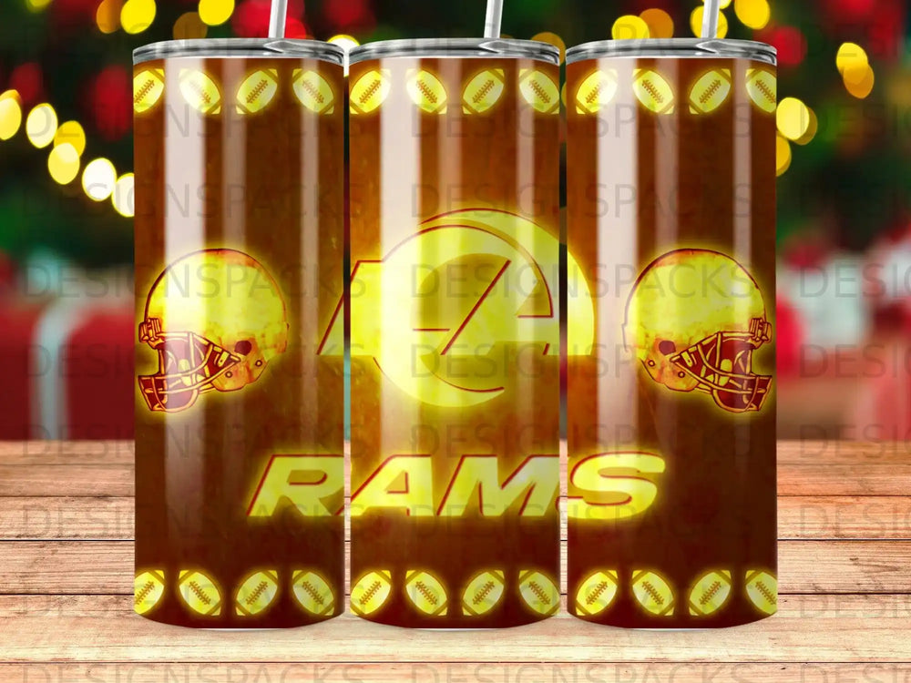 Gold football helmet with "RAMS" text on a tumbler wrap.