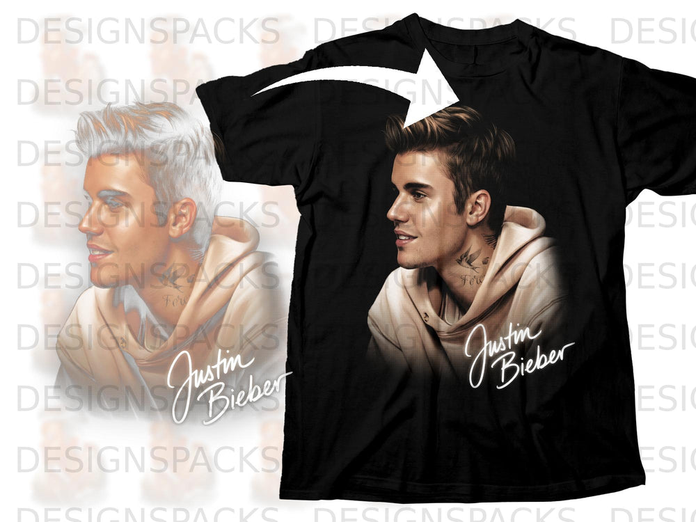 Black t-shirt featuring a portrait and signature of Justin Bieber.