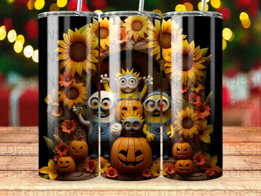 Three tumblers featuring Minions, pumpkins, and sunflowers on a dark background.