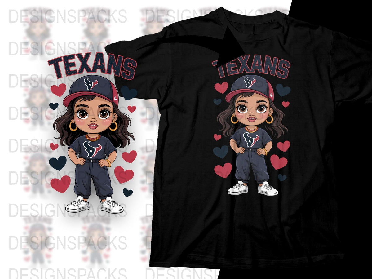 Cute Cartoon Girl Texans Fan T-Shirt, Heart Decorated Graphic Tee, Casual Sporty Kids Fashion, Unique Gift Idea