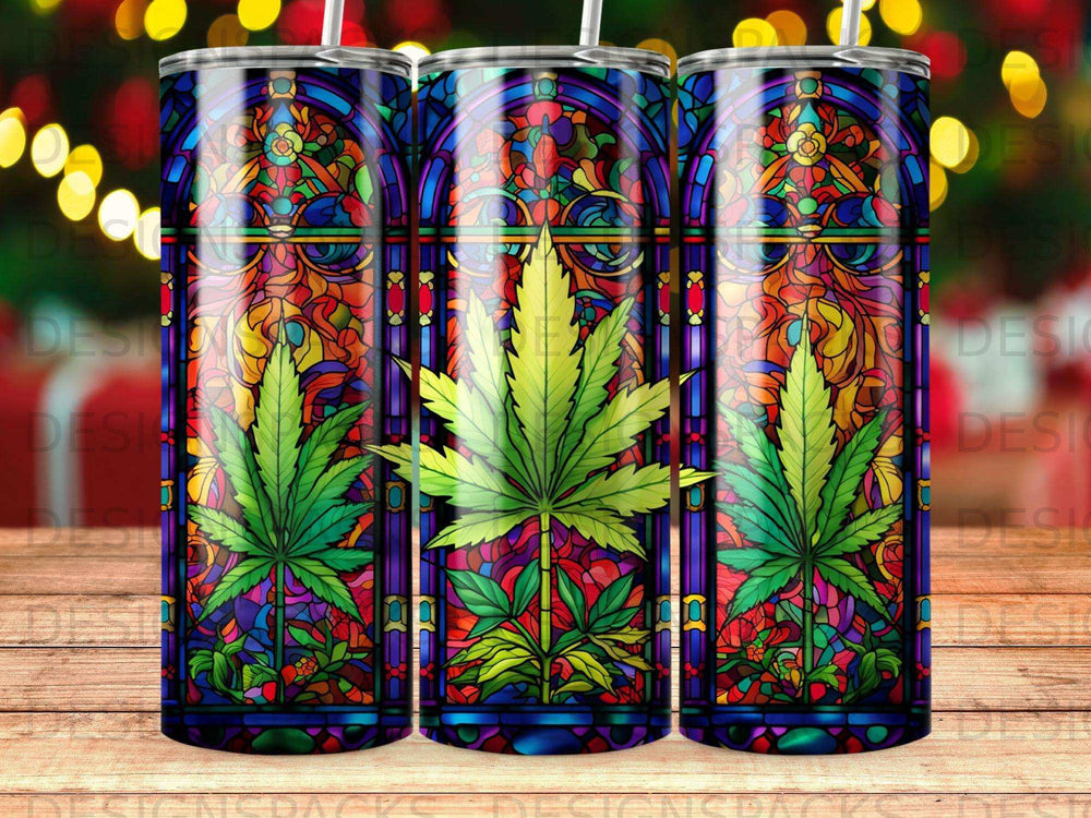 Stained glass tumbler with marijuana leaf design.