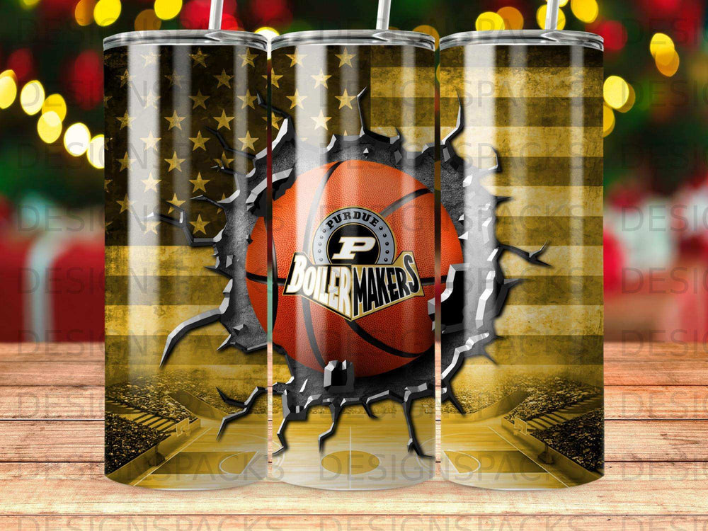 Purdue Boilermakers logo on a cracked basketball with American flag background.