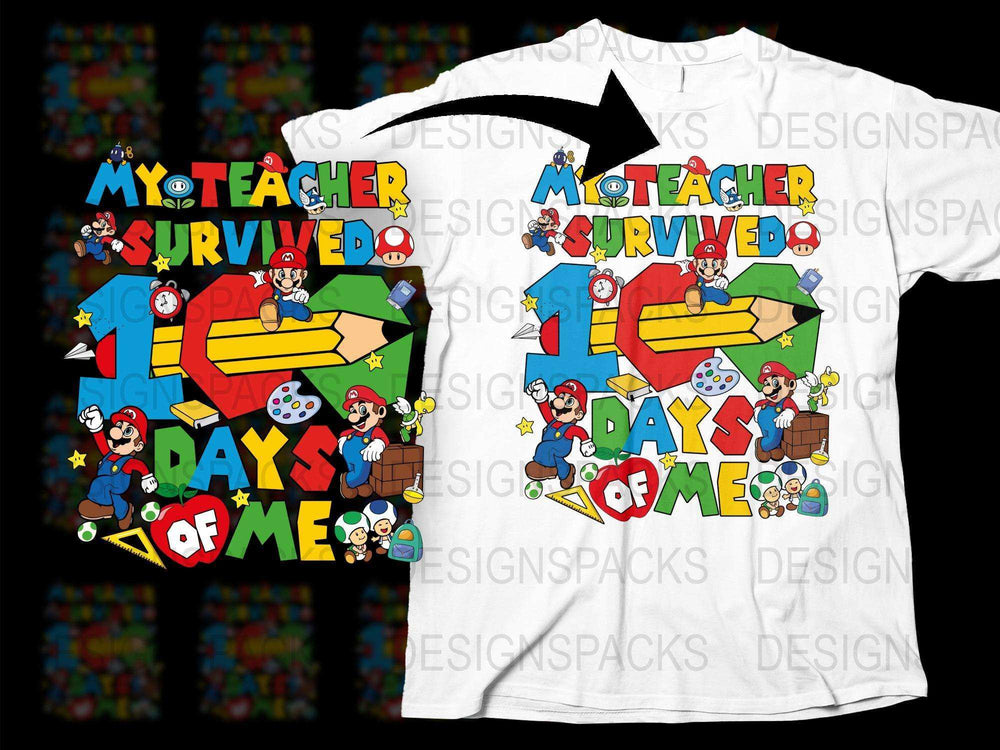 Colorful Teacher Appreciation T-Shirt, 100 Days of School Survival, Funny Educator Gift, Cartoon Characters, Unisex Tee