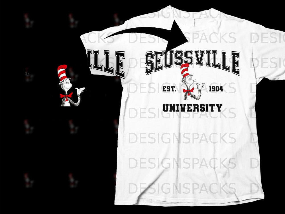 White t-shirt with "Seussville University Est. 1904" and the Cat in the Hat graphic.